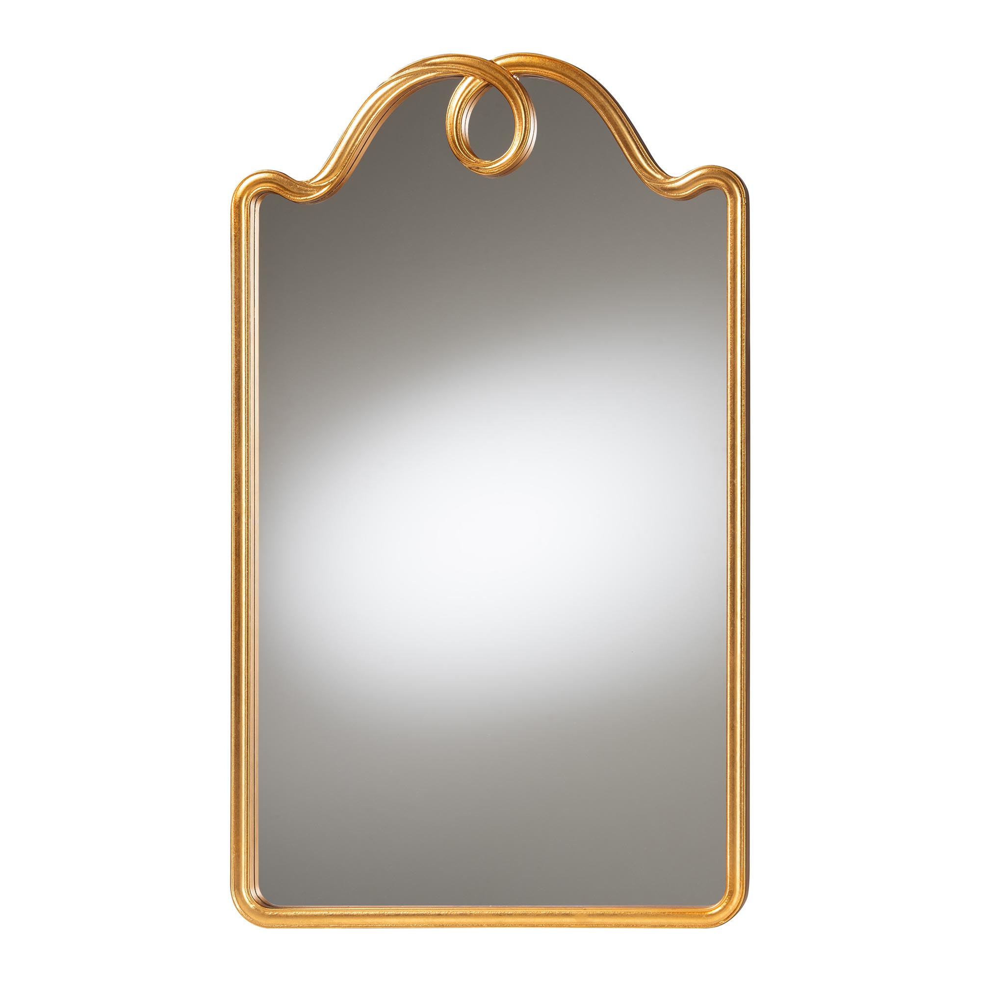 Baxton Studio Elian Gold Wall Mirror with Decorative Top - Elegant Rectangular Accent Mirror for Entryway, Living Room, or Bedroom Affordable modern furniture in Chicago, classic bedroom furniture, modern mirror, cheap mirror